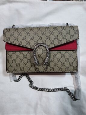 Beige Monogram Shoulder Bag with Red Accent and Silver Hardware